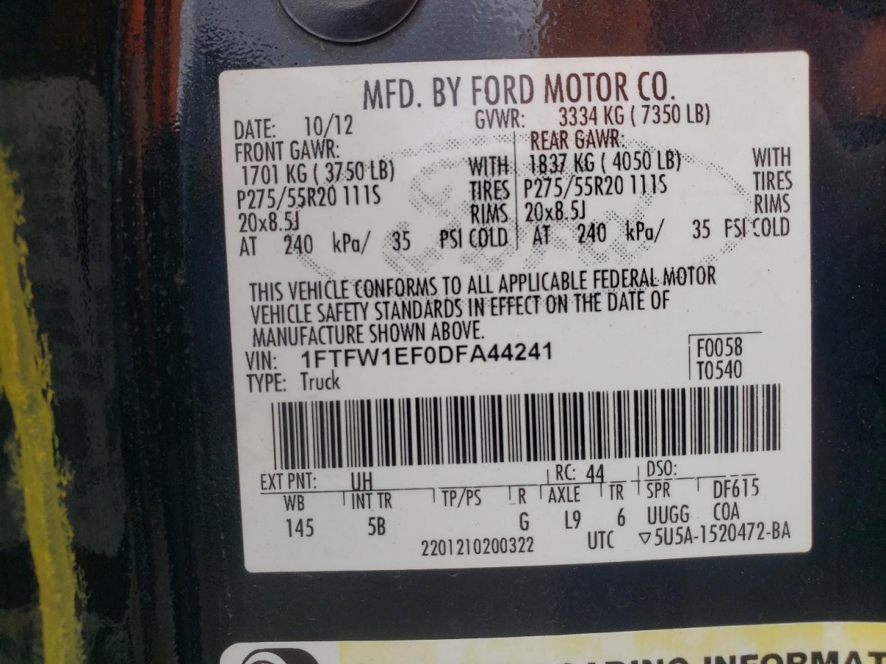 2013 Ford F150 Supercrew VIN: 1FTFW1EF0DFA44241 Lot: 82457315