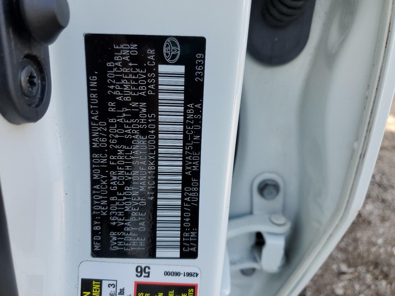 2020 Toyota Camry Le VIN: 4T1C11BKXLU004015 Lot: 85556235