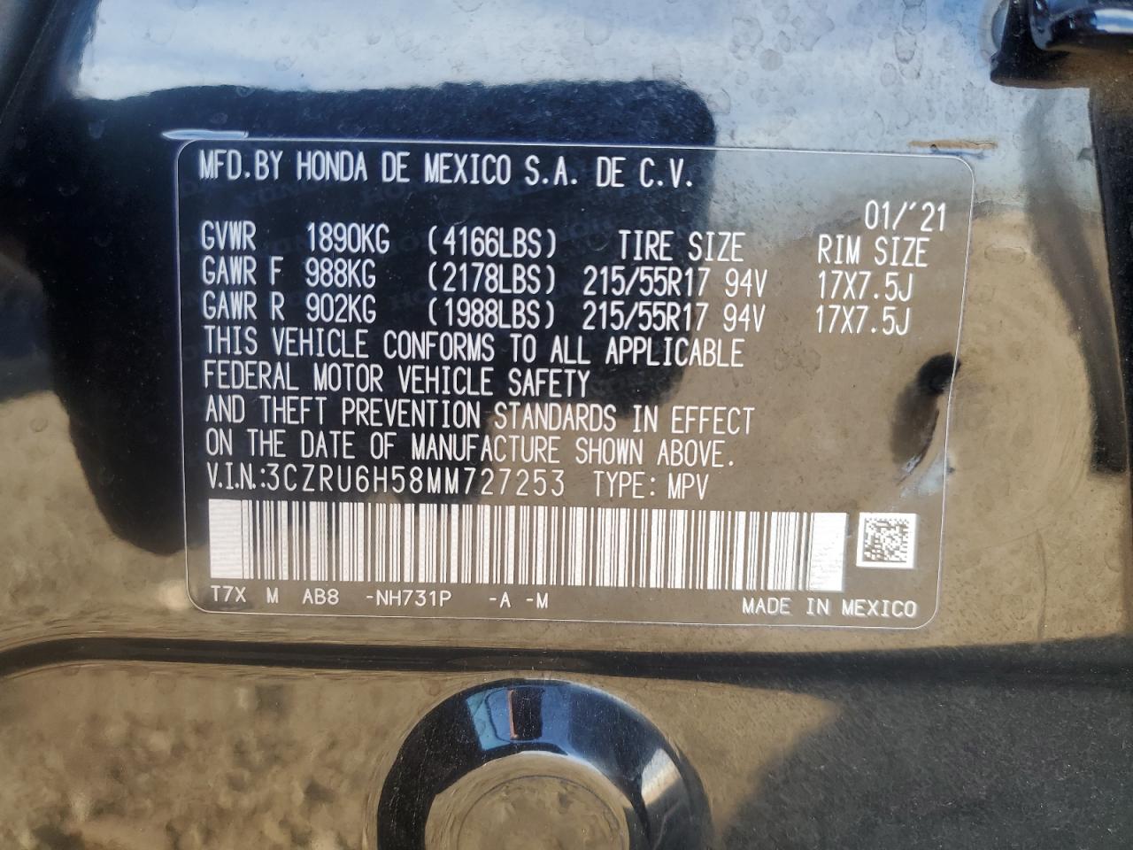 2021 Honda Hr-V Ex VIN: 3CZRU6H58MM727253 Lot: 84522595