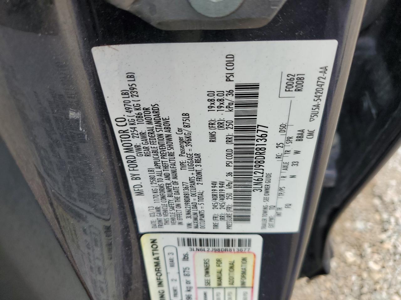 2013 Lincoln Mkz VIN: 3LN6L2J98DR813677 Lot: 84548675