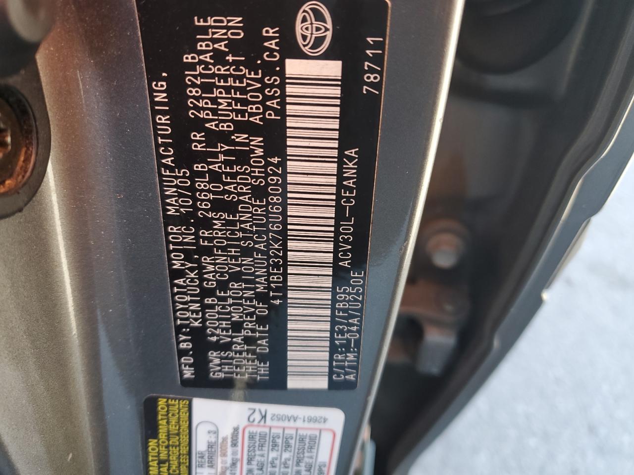 2006 Toyota Camry Le VIN: 4T1BE32K76U680924 Lot: 86500275