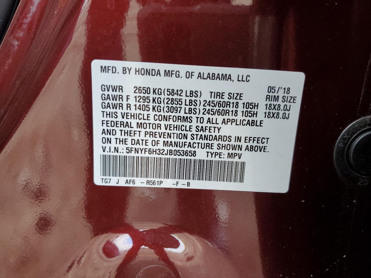 2018 Honda Pilot Ex VIN: 5FNYF6H32JB053658 Lot: 82519765