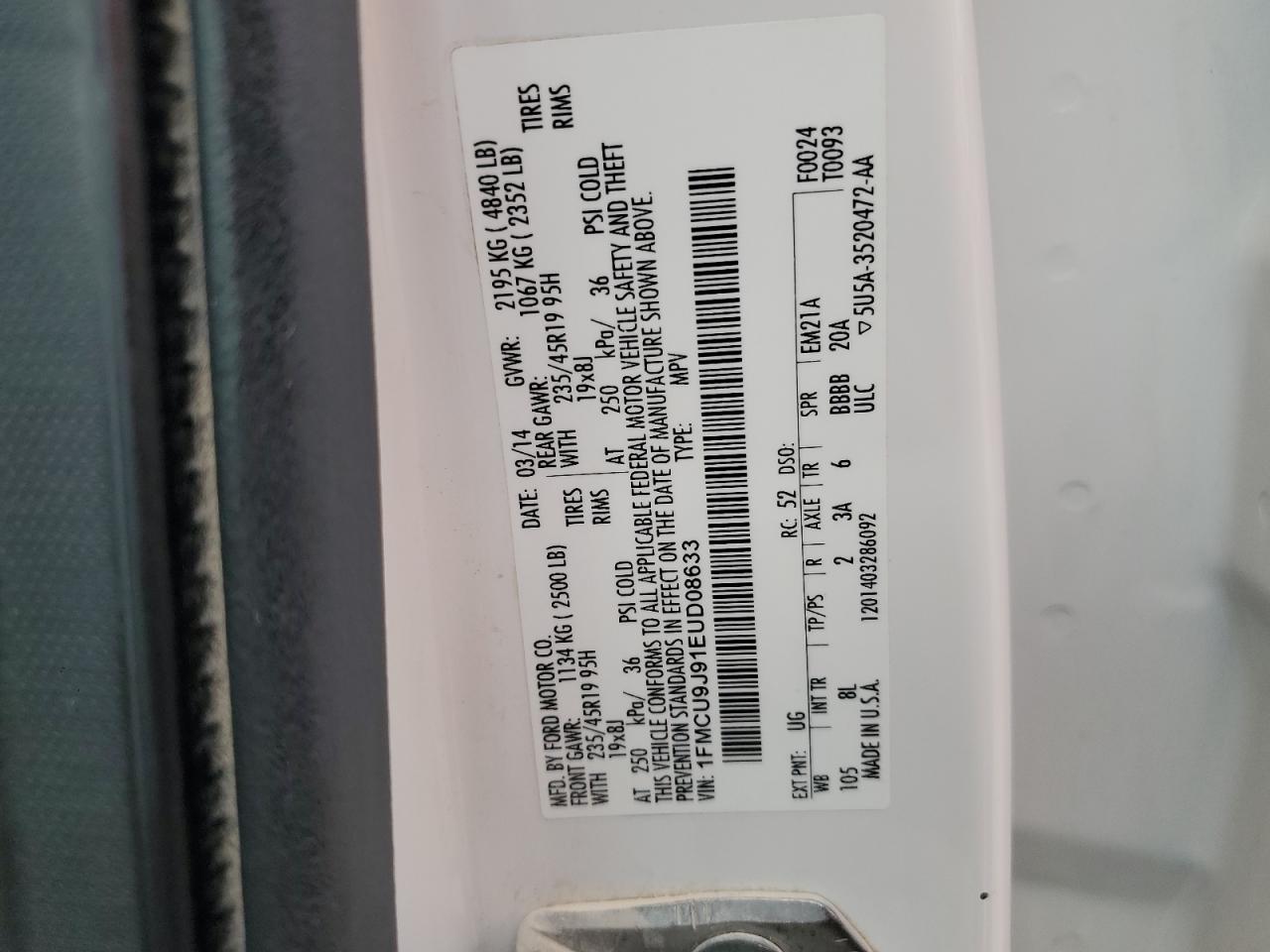 2014 Ford Escape Titanium VIN: 1FMCU9J91EUD08633 Lot: 82188945