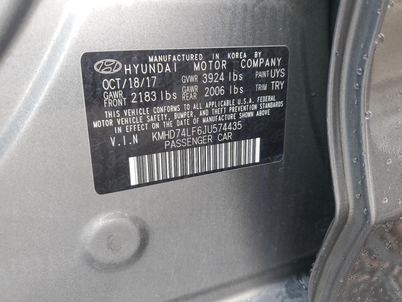 2018 Hyundai Elantra Se VIN: KMHD74LF6JU574435 Lot: 86236135