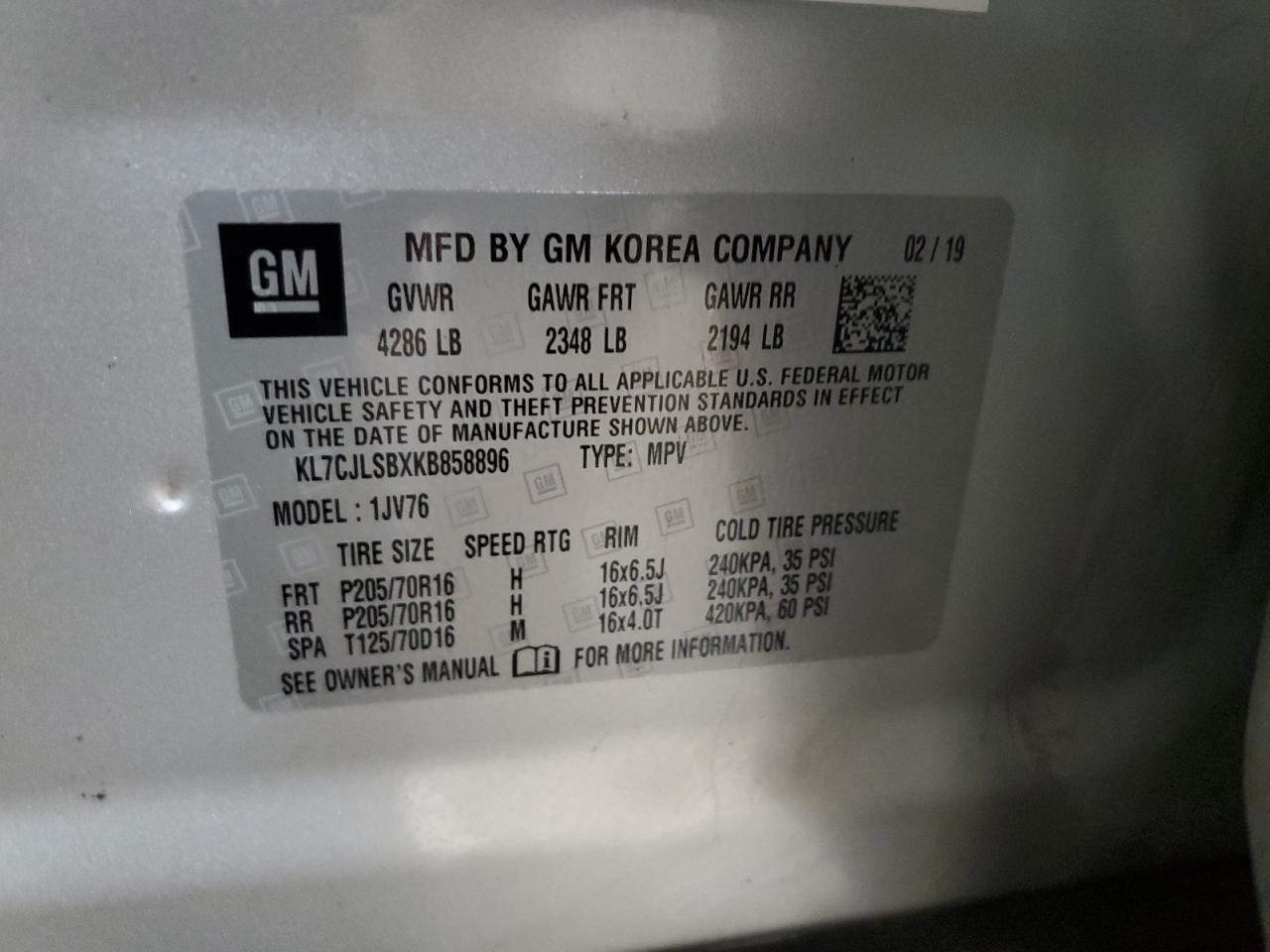 2019 Chevrolet Trax 1Lt VIN: KL7CJLSBXKB858896 Lot: 90393665