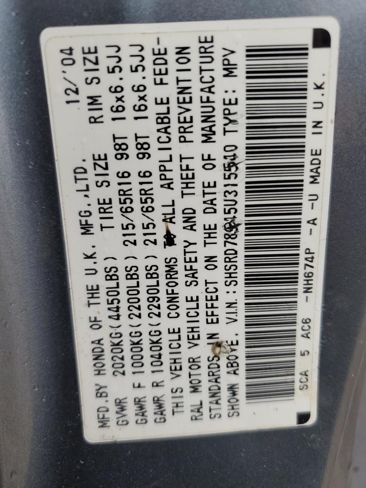 2005 Honda Cr-V Se VIN: SHSRD78945U315540 Lot: 86131425