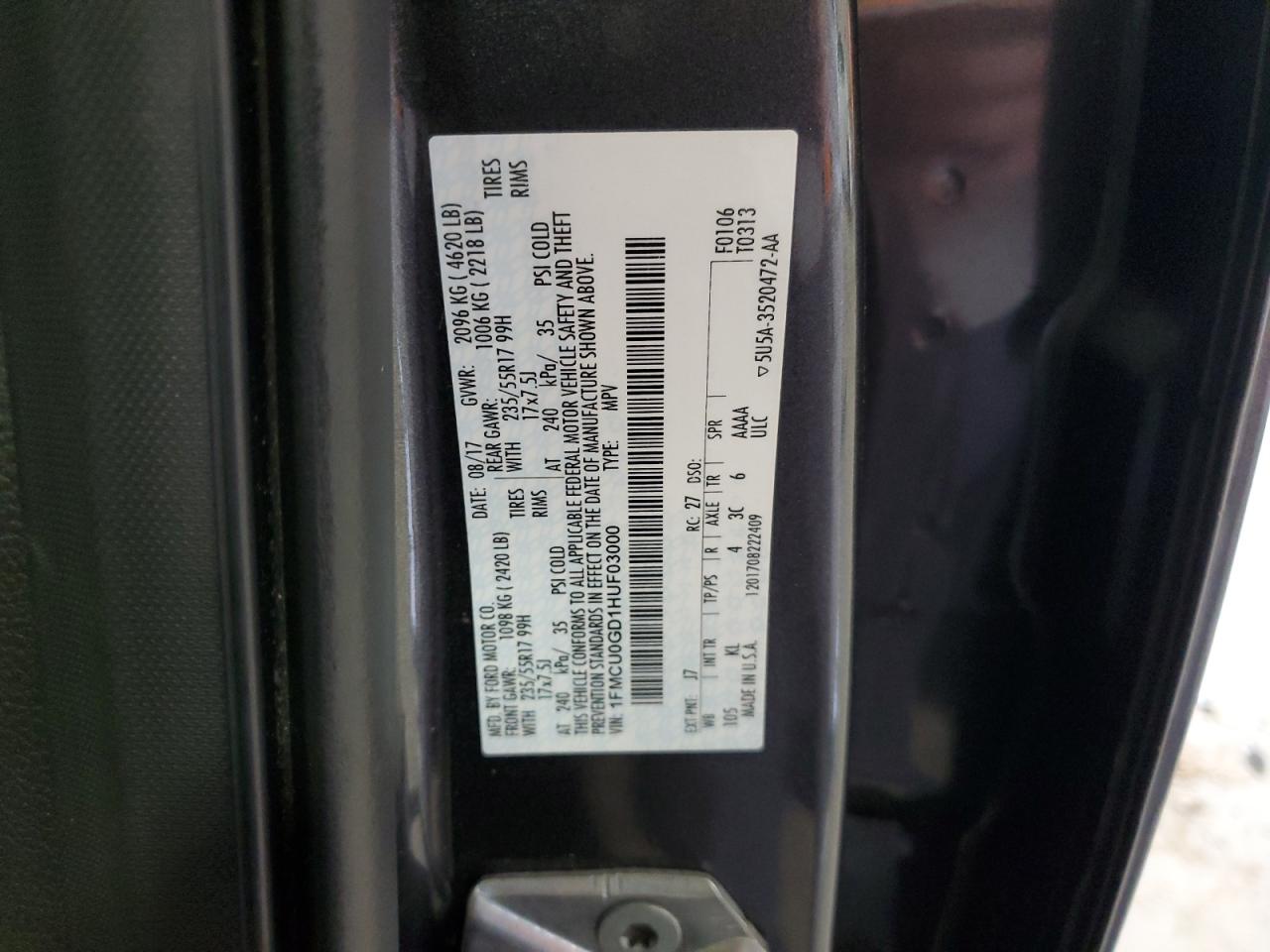 2017 Ford Escape VIN: 1FMCU0GD1HUF03000 Lot: 81857955