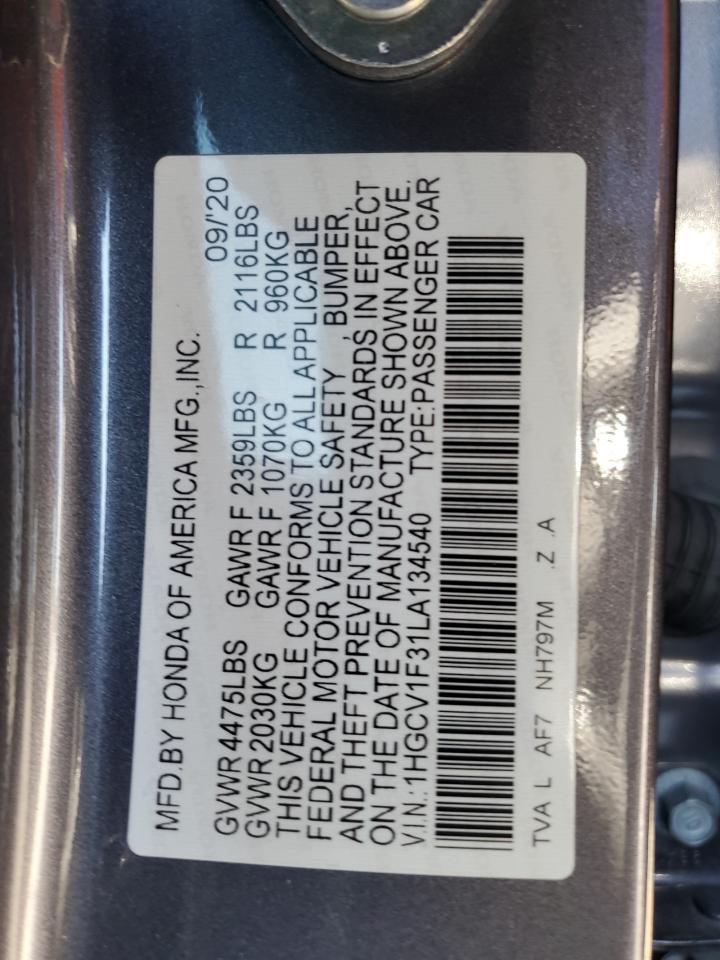 2020 Honda Accord VIN: 1HGCV1F31LA134540 Lot: 85876935