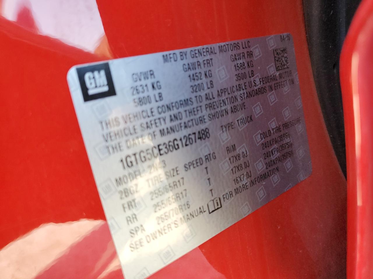 2016 GMC Canyon Sle VIN: 1GTG5CE36G1267488 Lot: 82507225