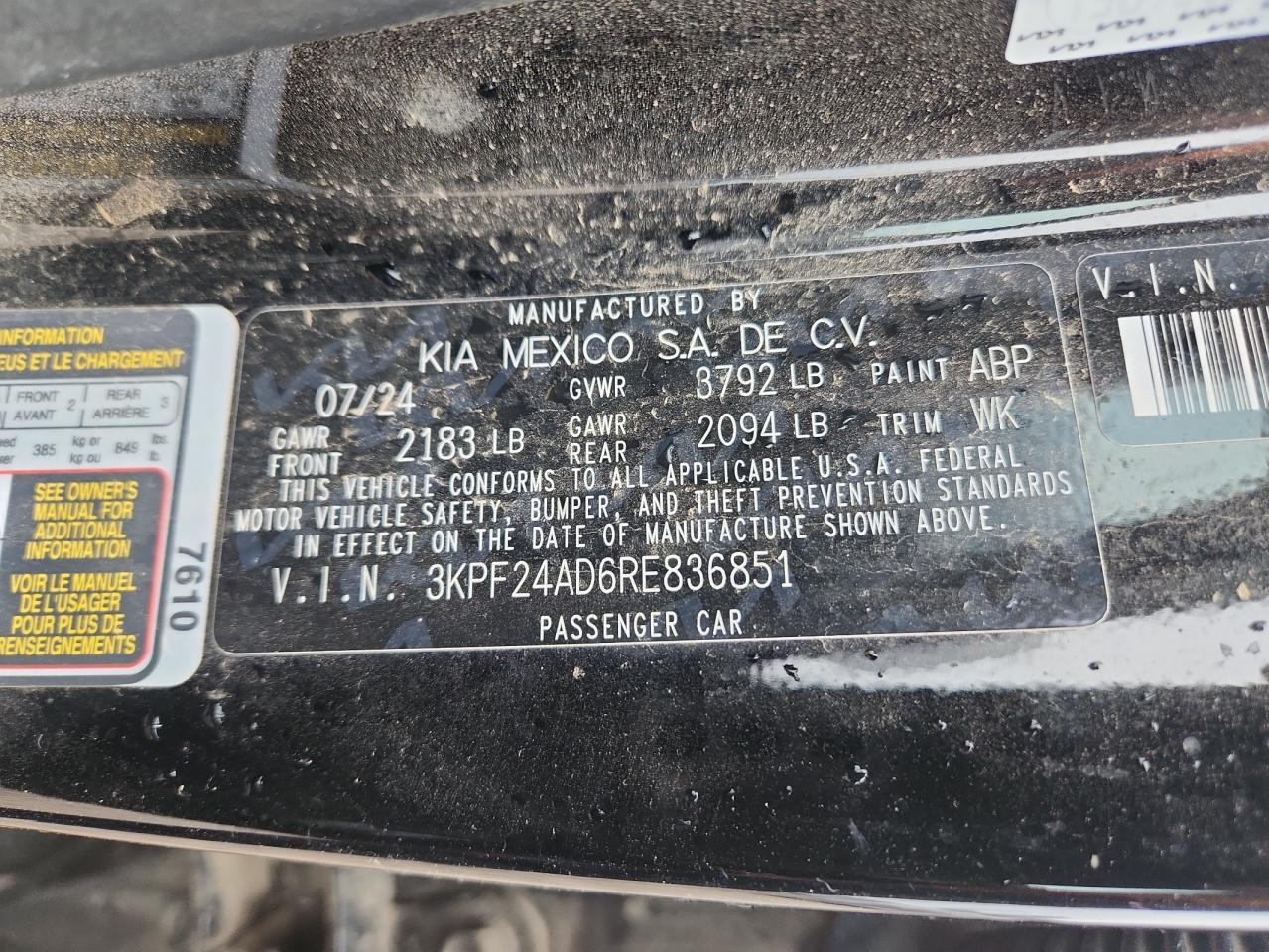 2024 Kia Forte Lx VIN: 3KPF24AD6RE836851 Lot: 90359665