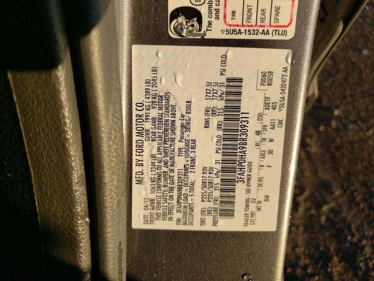 2011 Ford Fusion Se VIN: 3FAHP0HA9BR309311 Lot: 87068335