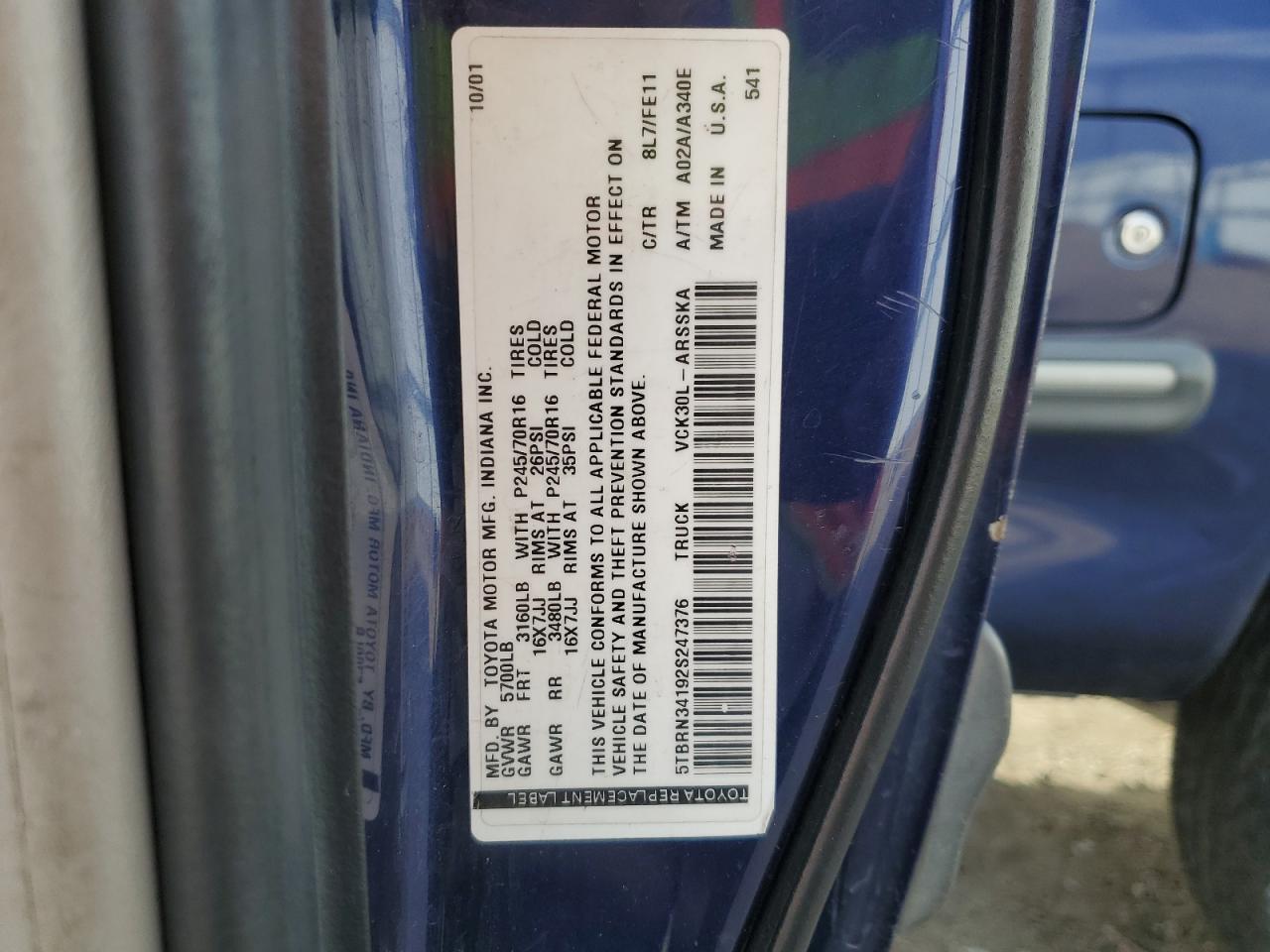 2002 Toyota Tundra Access Cab Sr5 VIN: 5TBRN34192S247376 Lot: 82677725