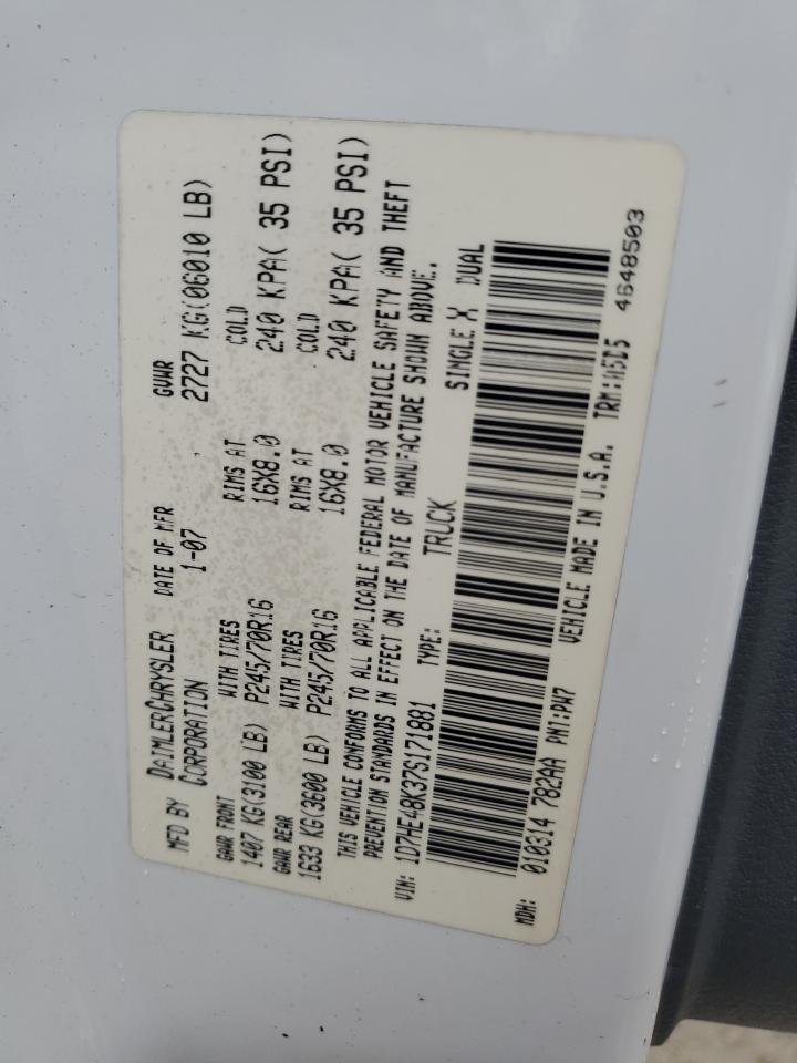 2007 Dodge Dakota Quad Slt VIN: 1D7HE48K37S171881 Lot: 85133895