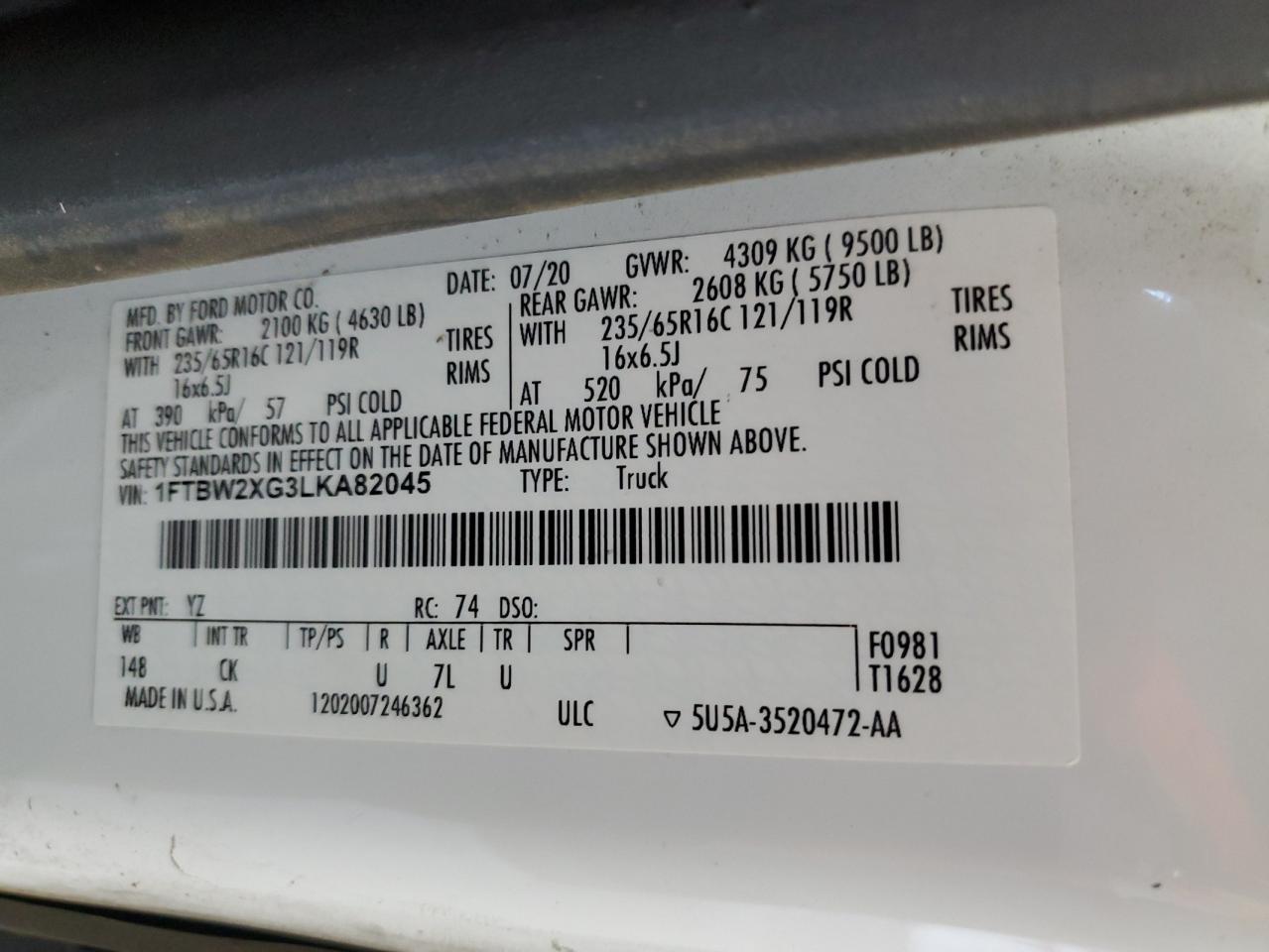 2020 Ford Transit T-350 VIN: 1FTBW2XG3LKA82045 Lot: 84585545
