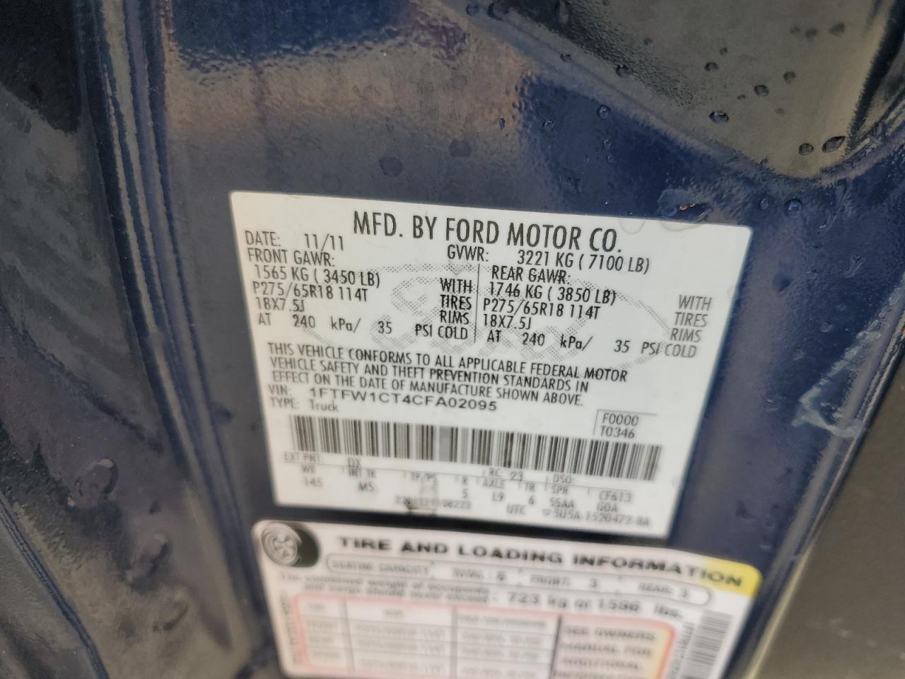 2012 Ford F150 Supercrew VIN: 1FTFW1CT4CFA02095 Lot: 86115715