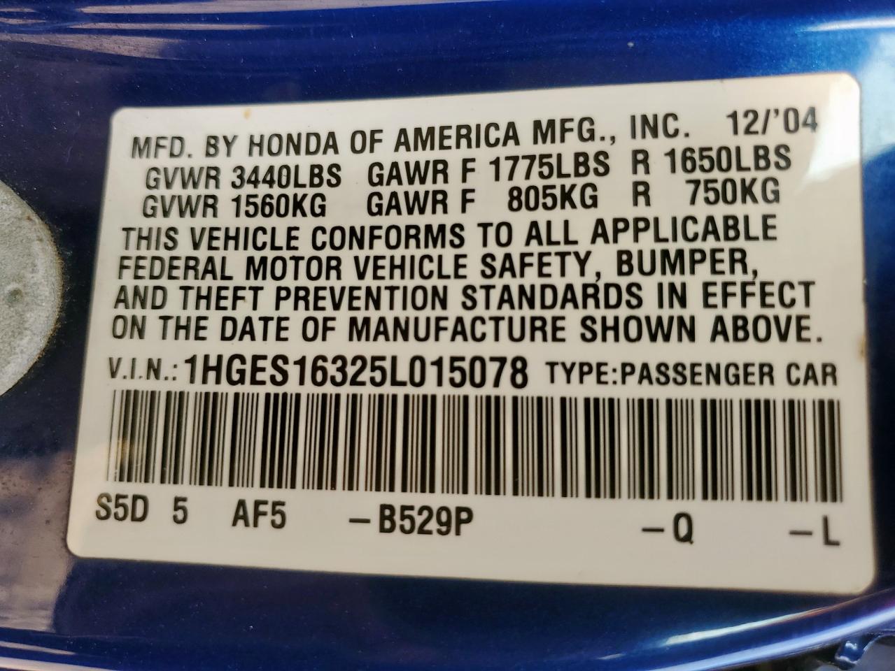 2005 Honda Civic Dx Vp VIN: 1HGES16325L015078 Lot: 84066725