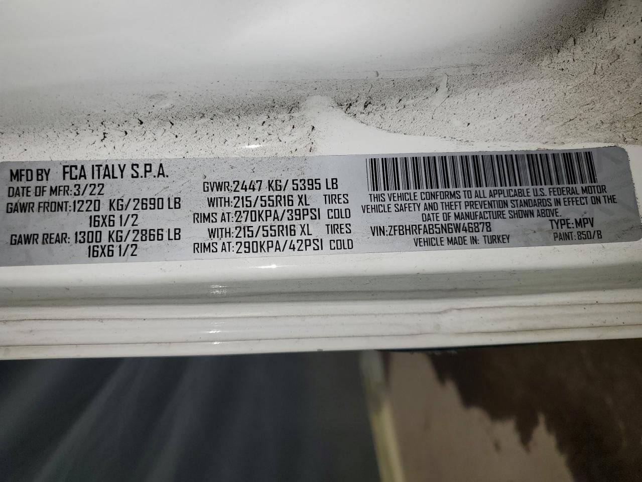 2022 Ram Promaster City Tradesman VIN: ZFBHRFAB5N6W46878 Lot: 86686485