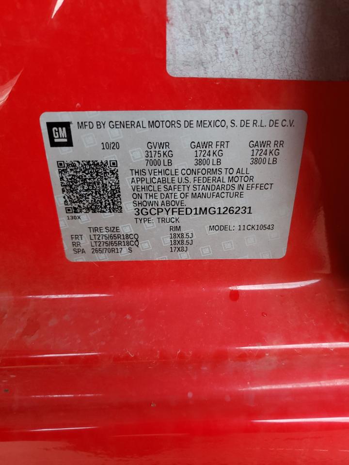 2021 Chevrolet Silverado K1500 Lt Trail Boss VIN: 3GCPYFED1MG126231 Lot: 86290565