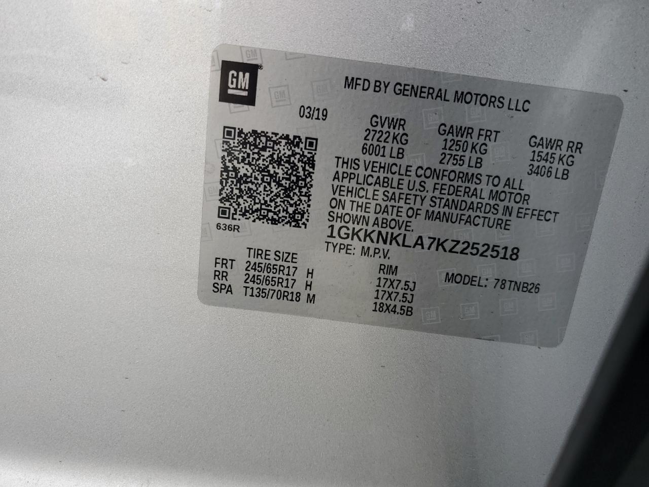 2019 GMC Acadia Sle VIN: 1GKKNKLA7KZ252518 Lot: 81969555