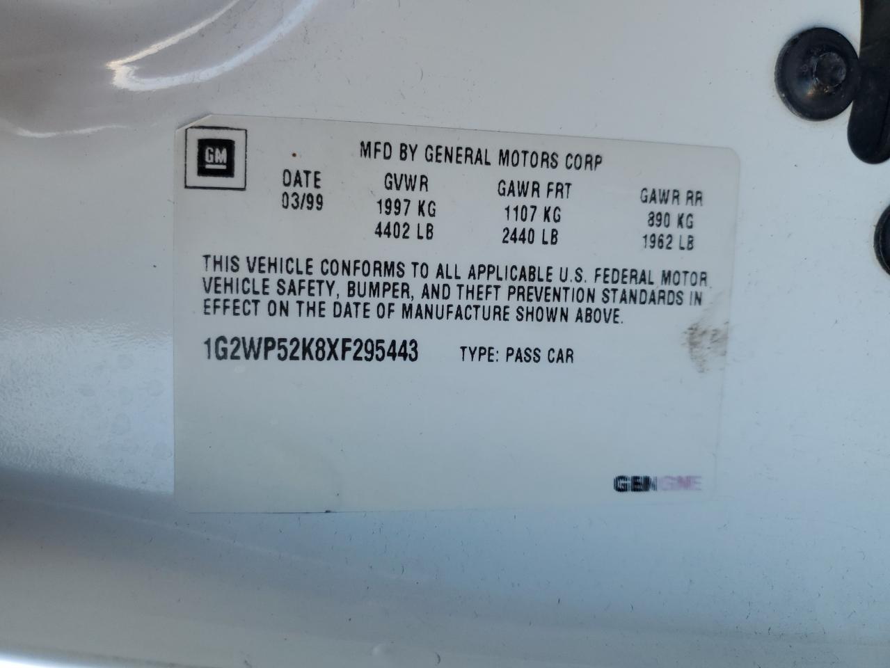 1999 Pontiac Grand Prix Gt VIN: 1G2WP52K8XF295443 Lot: 90883025