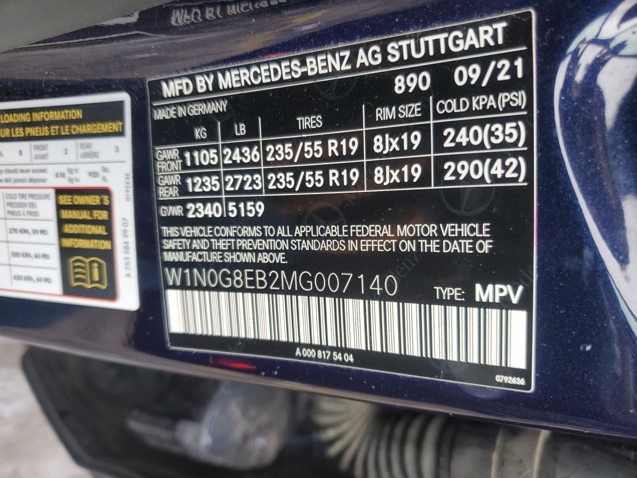 2021 Mercedes-Benz Glc 300 4Matic VIN: W1N0G8EB2MG007140 Lot: 89562135