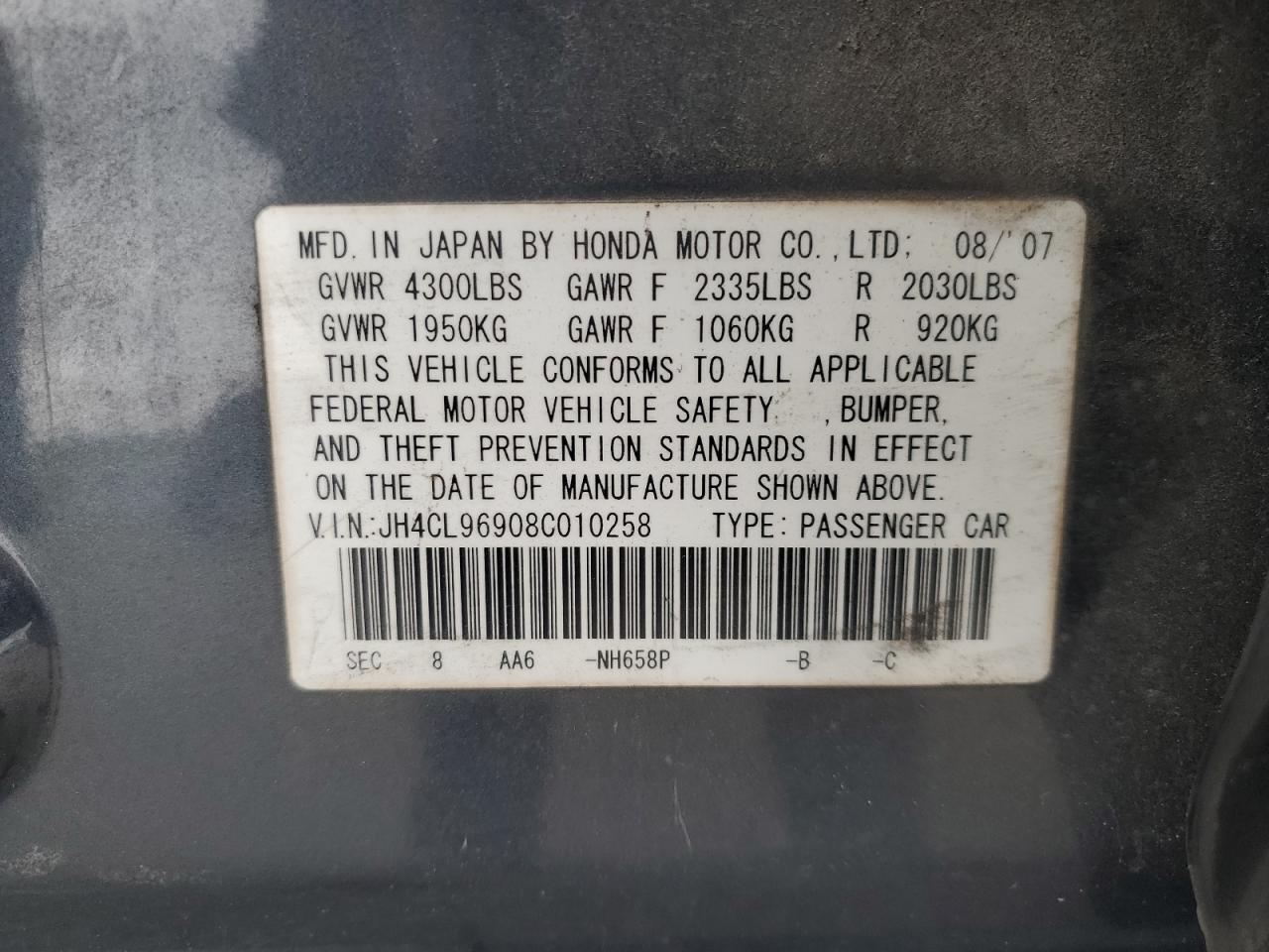 2008 Acura Tsx VIN: JH4CL96908C010258 Lot: 82663375