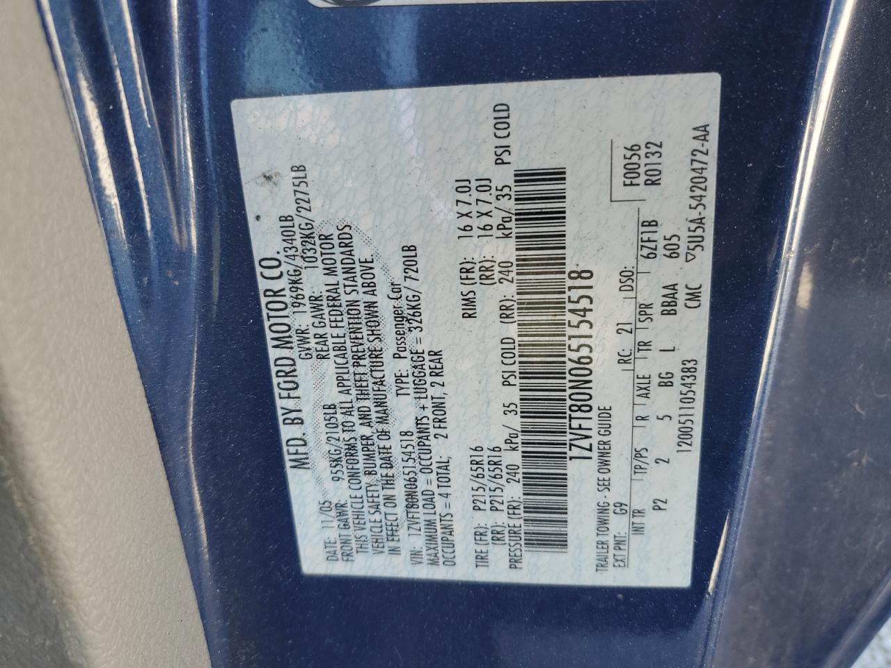 2006 Ford Mustang VIN: 1ZVFT80N065154518 Lot: 89848085