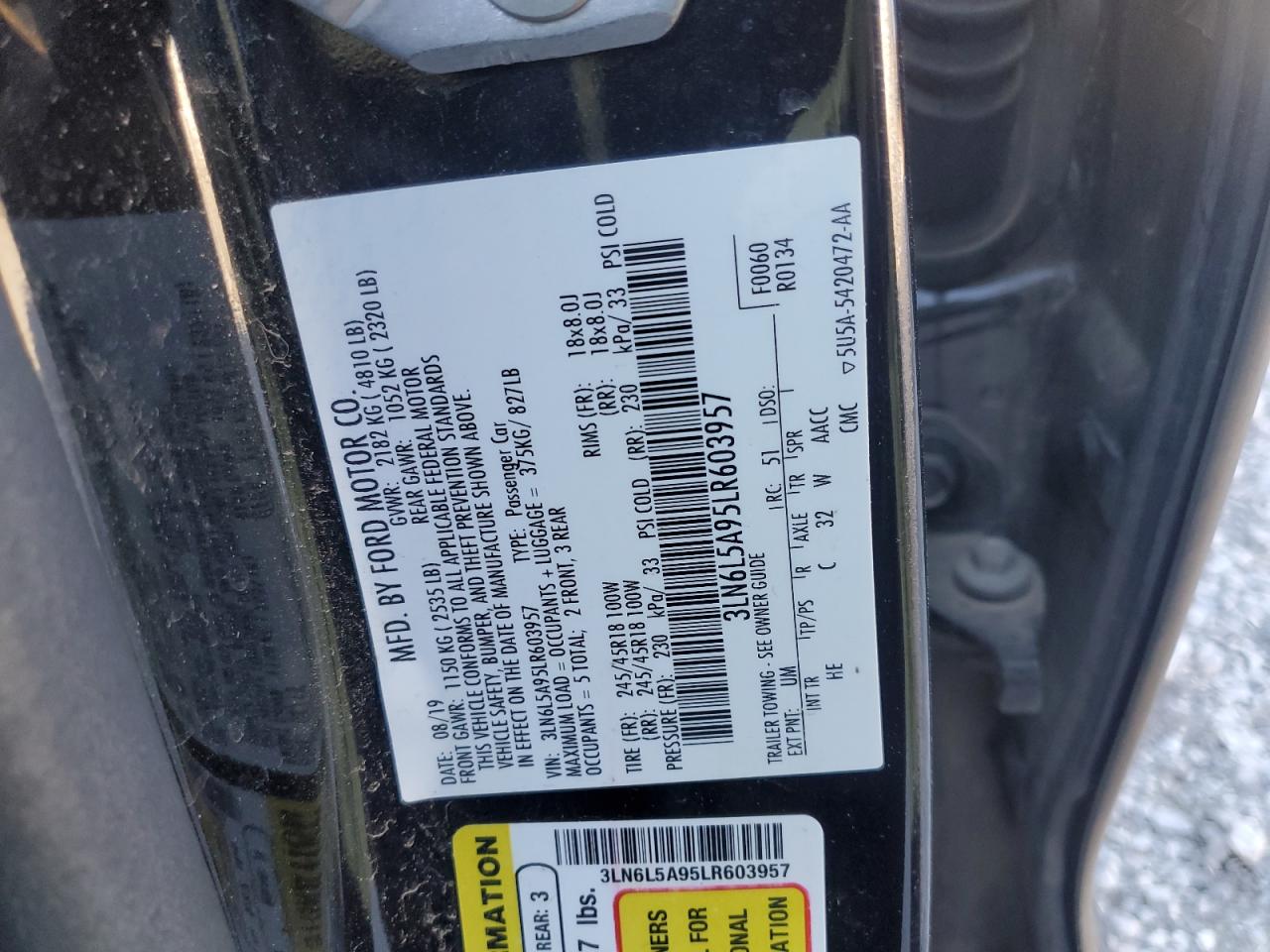 2020 Lincoln Mkz VIN: 3LN6L5A95LR603957 Lot: 87281585