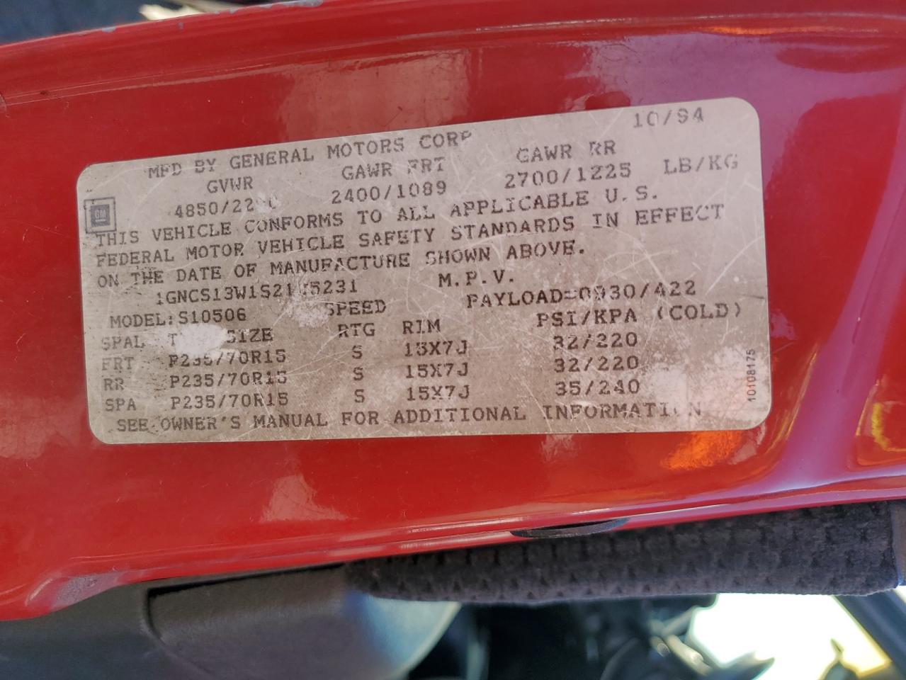 1995 Chevrolet Blazer VIN: 1GNCS13W1S2125231 Lot: 87224415