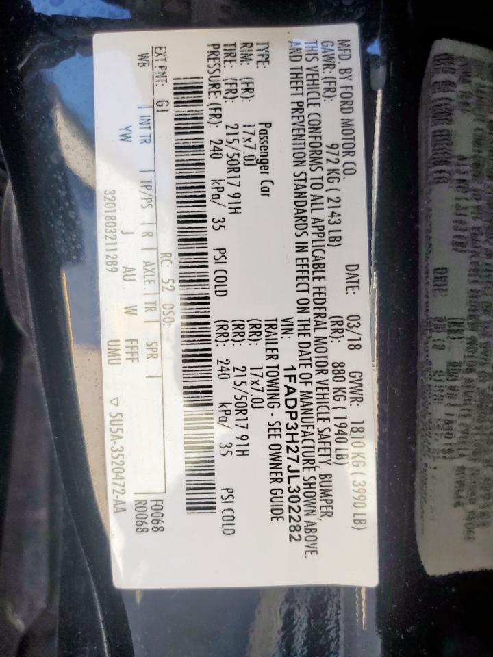 2018 Ford Focus Sel VIN: 1FADP3H27JL302282 Lot: 85725255