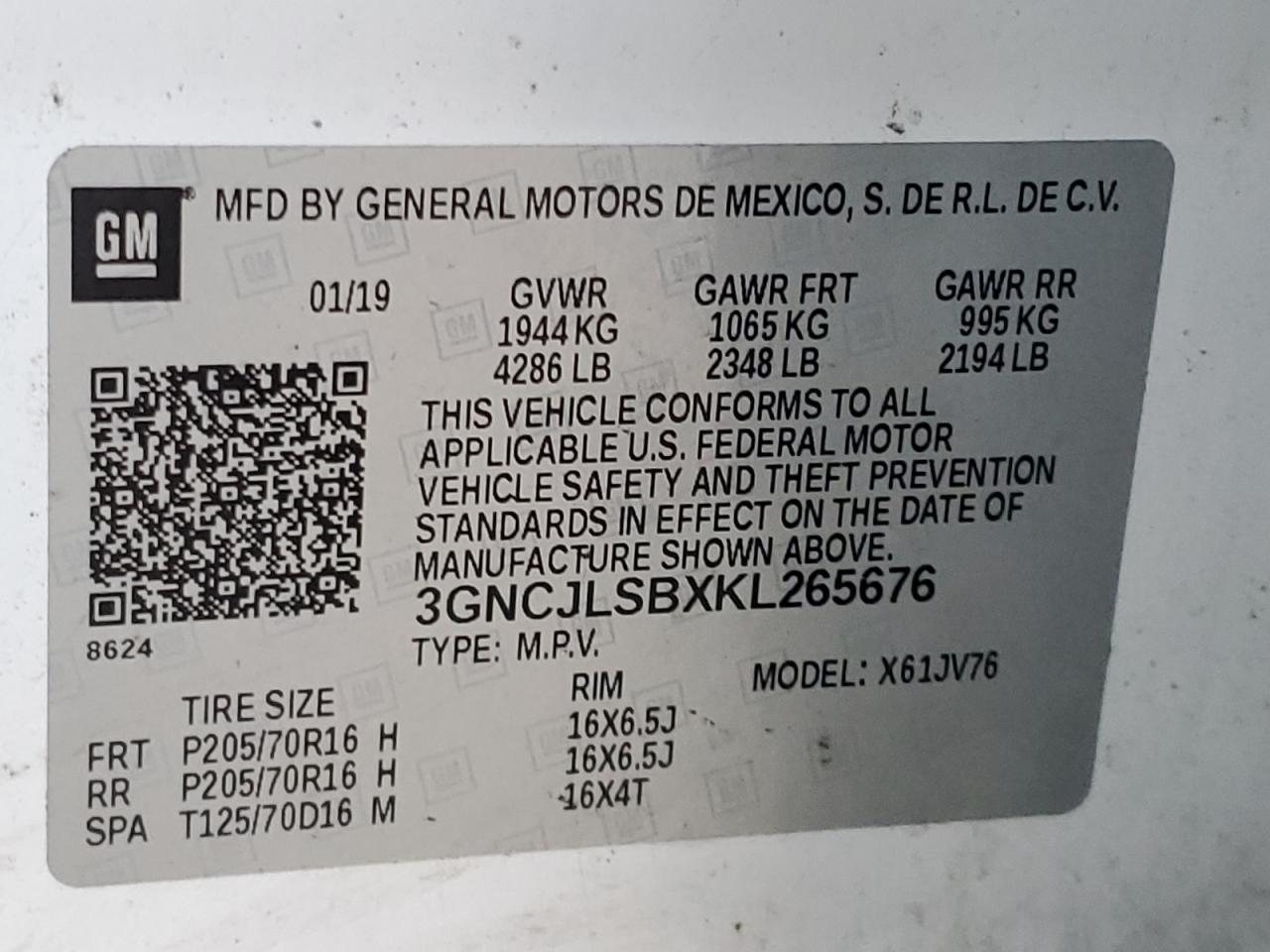 2019 Chevrolet Trax 1Lt VIN: 3GNCJLSBXKL265676 Lot: 85320395