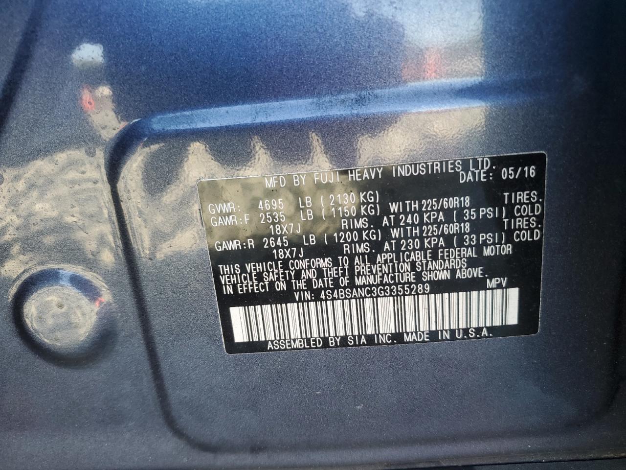 2016 Subaru Outback 2.5I Limited VIN: 4S4BSANC3G3355289 Lot: 84200235