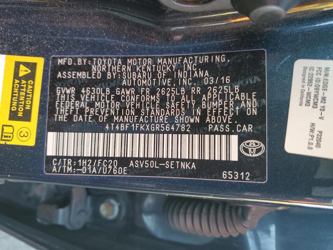 2016 Toyota Camry Le VIN: 4T4BF1FKXGR564782 Lot: 85857105