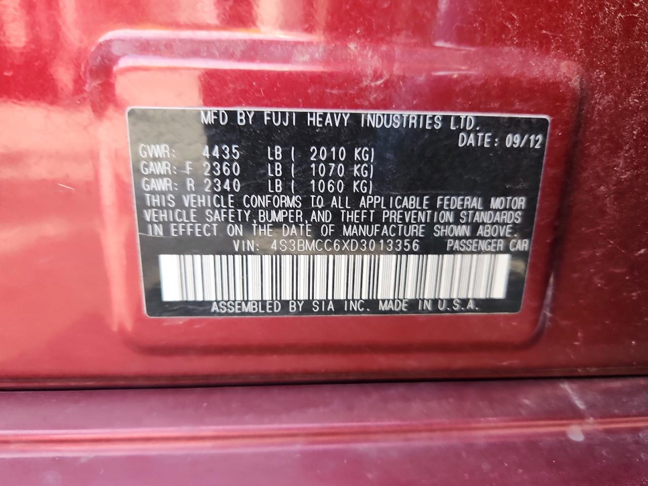 2013 Subaru Legacy 2.5I Premium VIN: 4S3BMCC6XD3013356 Lot: 89682845