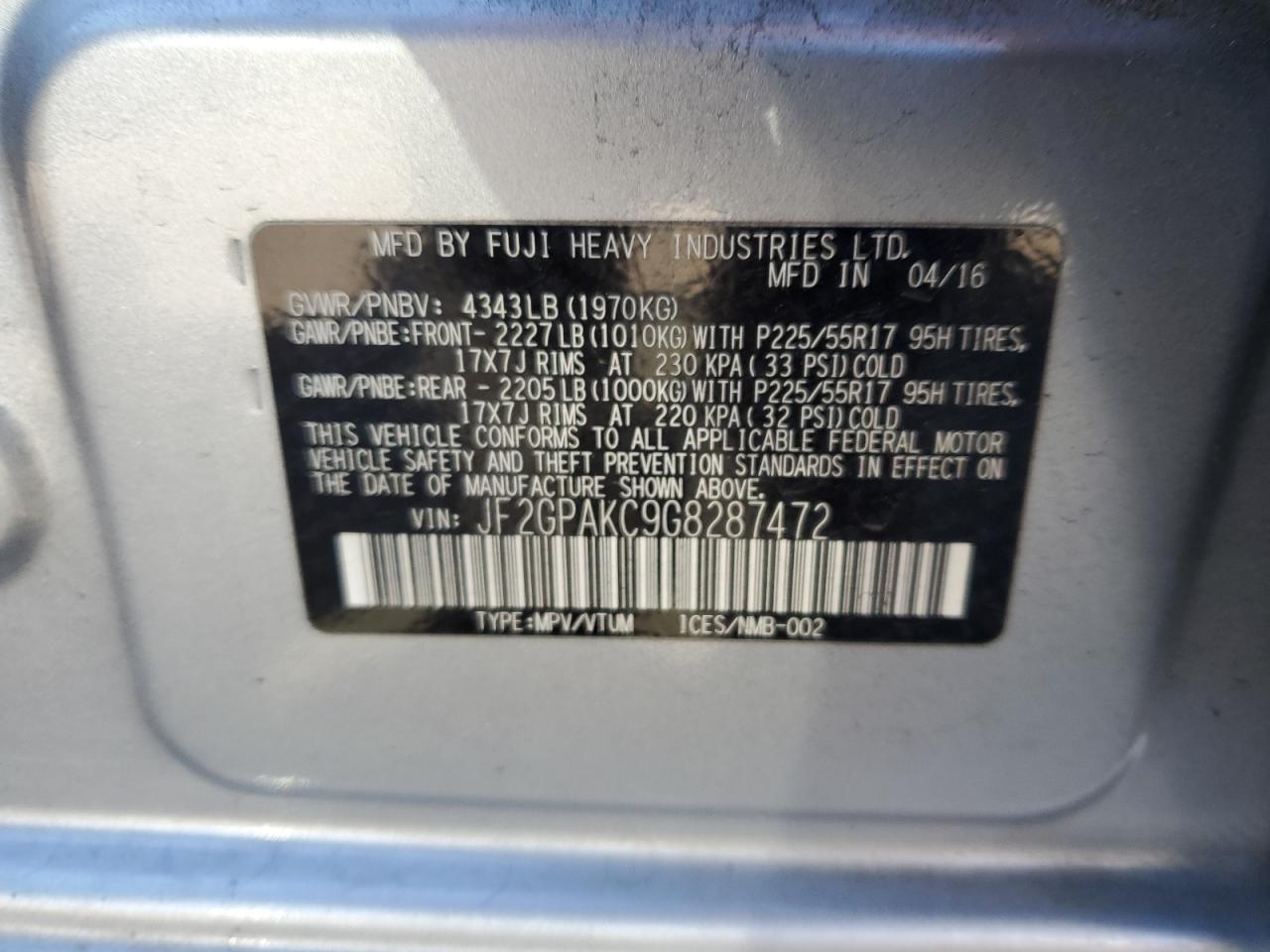 2016 Subaru Crosstrek Limited VIN: JF2GPAKC9G8287472 Lot: 85680515