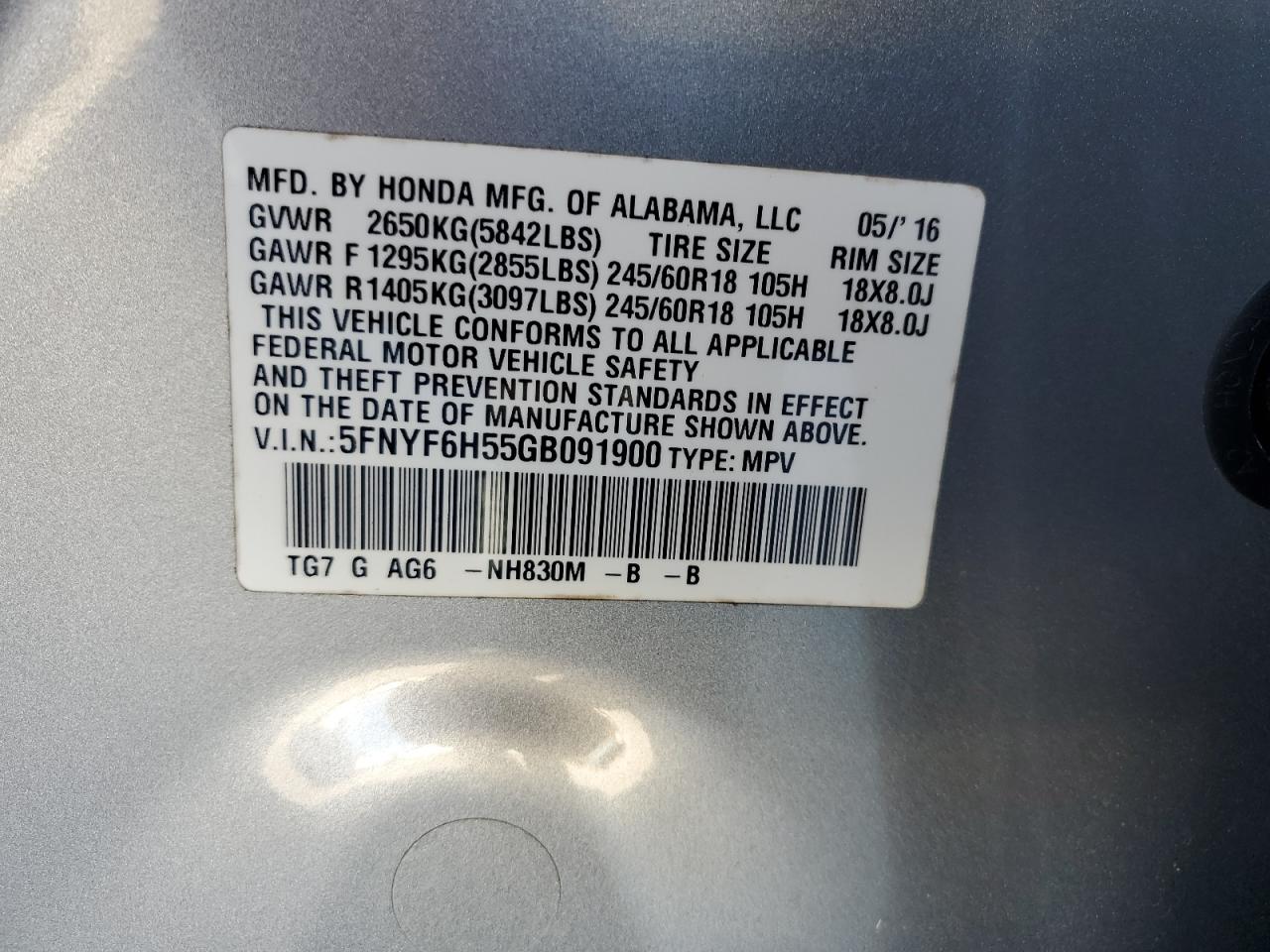 2016 Honda Pilot Exl VIN: 5FNYF6H55GB091900 Lot: 90928995