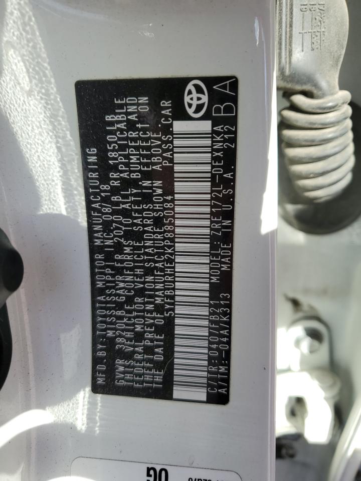 2019 Toyota Corolla L VIN: 5YFBURHE2KP885084 Lot: 85650975