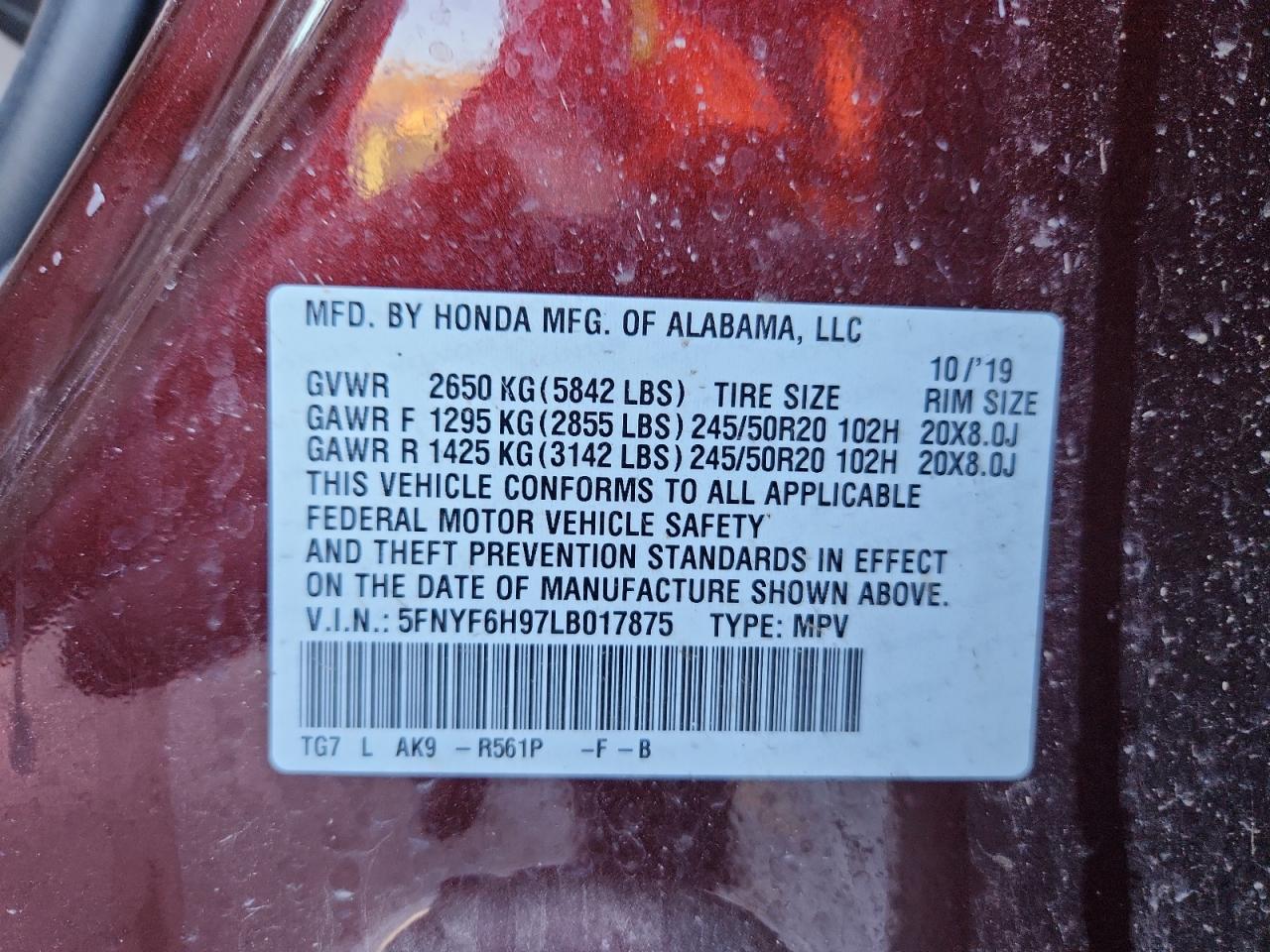 2020 Honda Pilot Touring VIN: 5FNYF6H97LB017875 Lot: 89651605