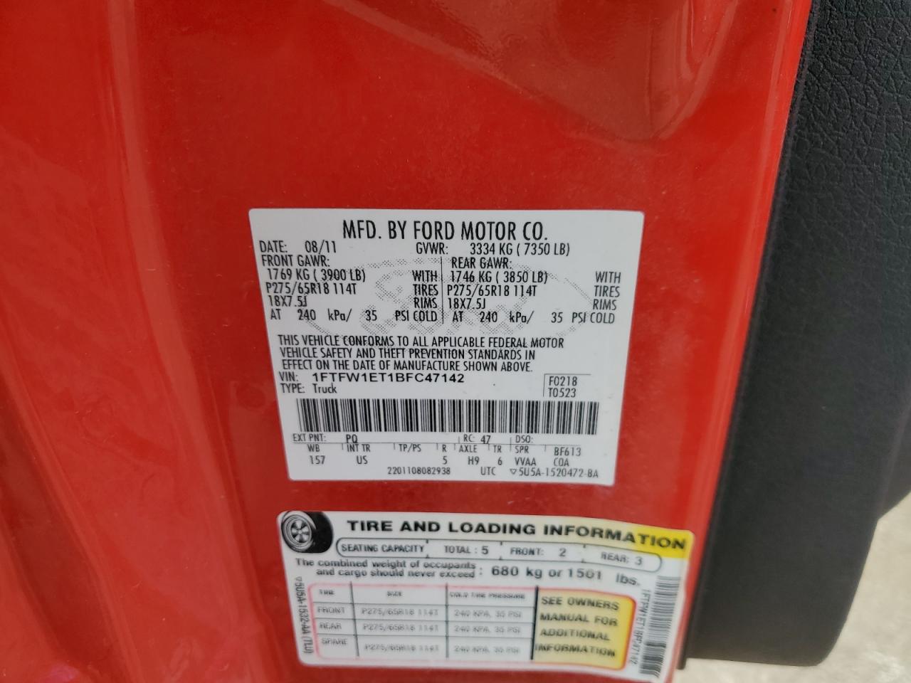 2011 Ford F150 Supercrew VIN: 1FTFW1ET1BFC47142 Lot: 84470115