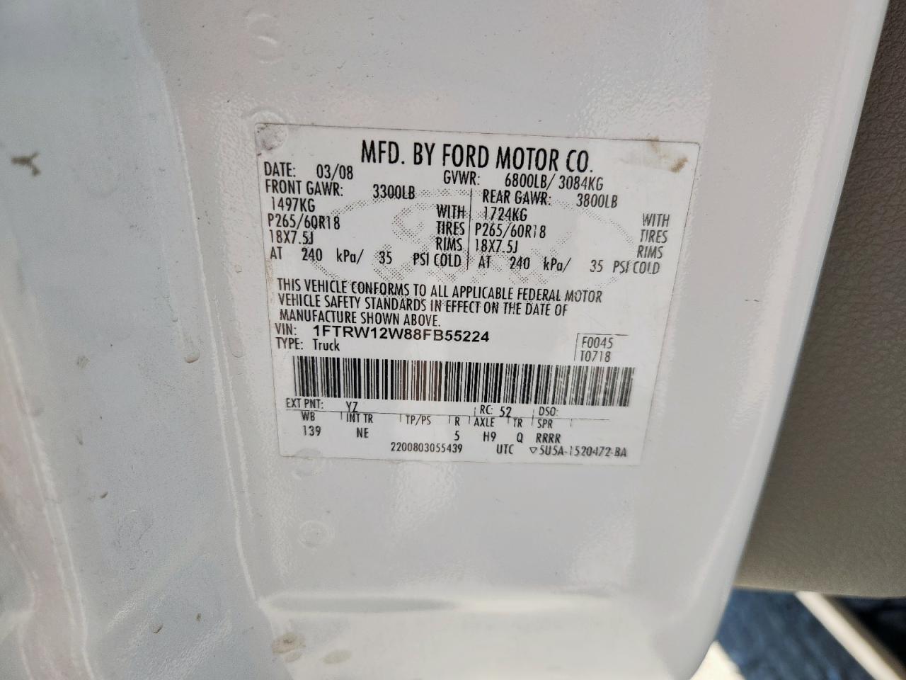 2008 Ford F150 Supercrew VIN: 1FTRW12W88FB55224 Lot: 82393295