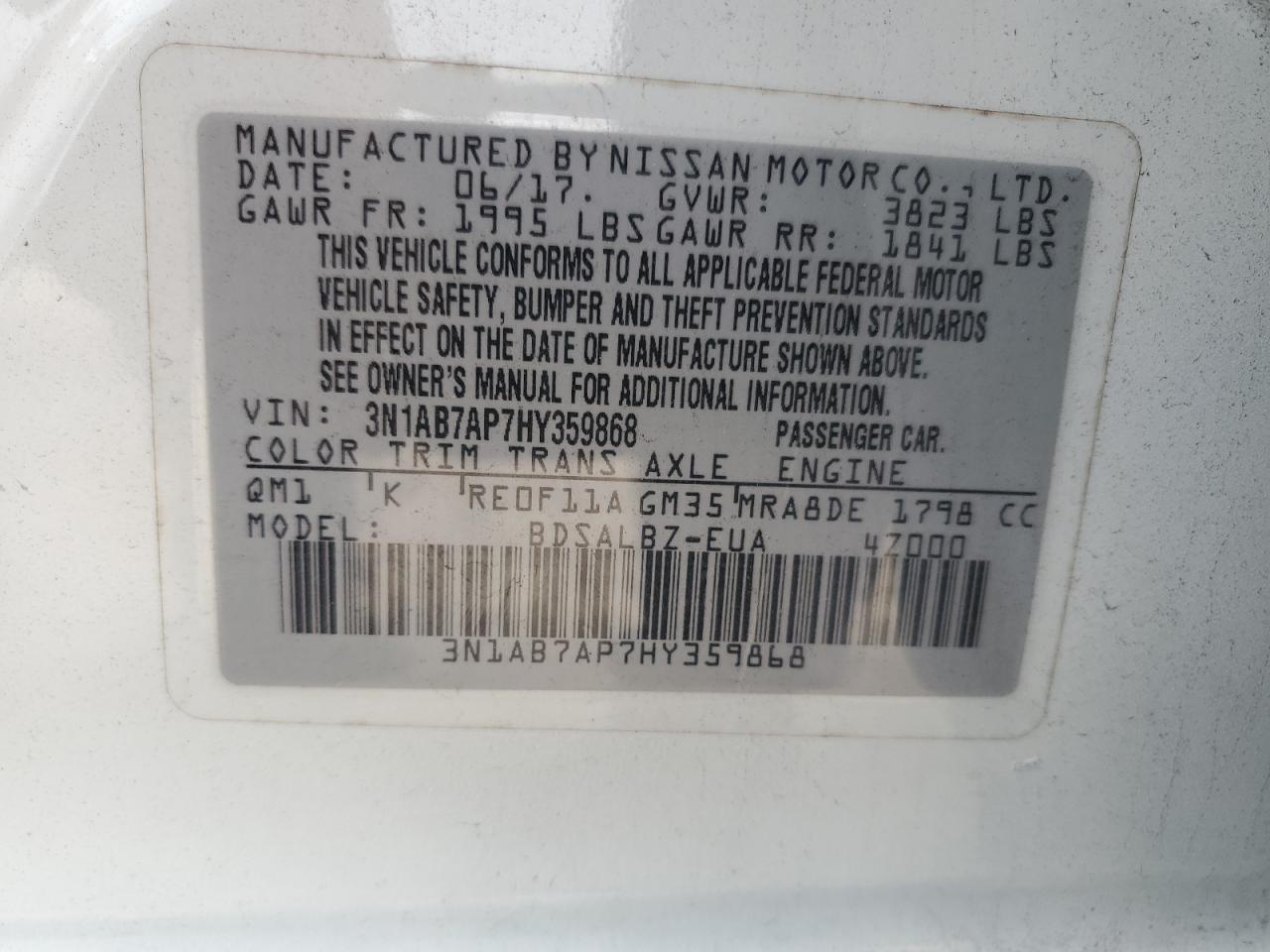 2017 Nissan Sentra S VIN: 3N1AB7AP7HY359868 Lot: 84969235