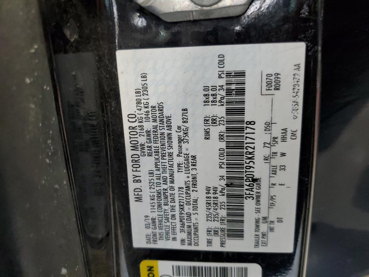 2019 Ford Fusion Se VIN: 3FA6P0T95KR217178 Lot: 82004805