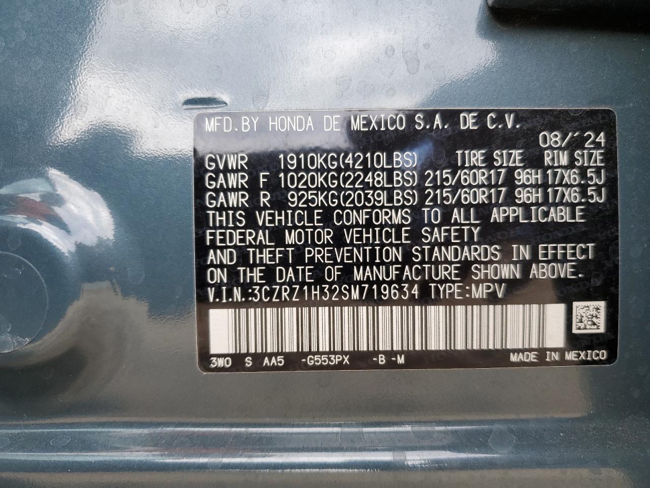 2025 Honda Hr-V Lx VIN: 3CZRZ1H32SM719634 Lot: 82283865