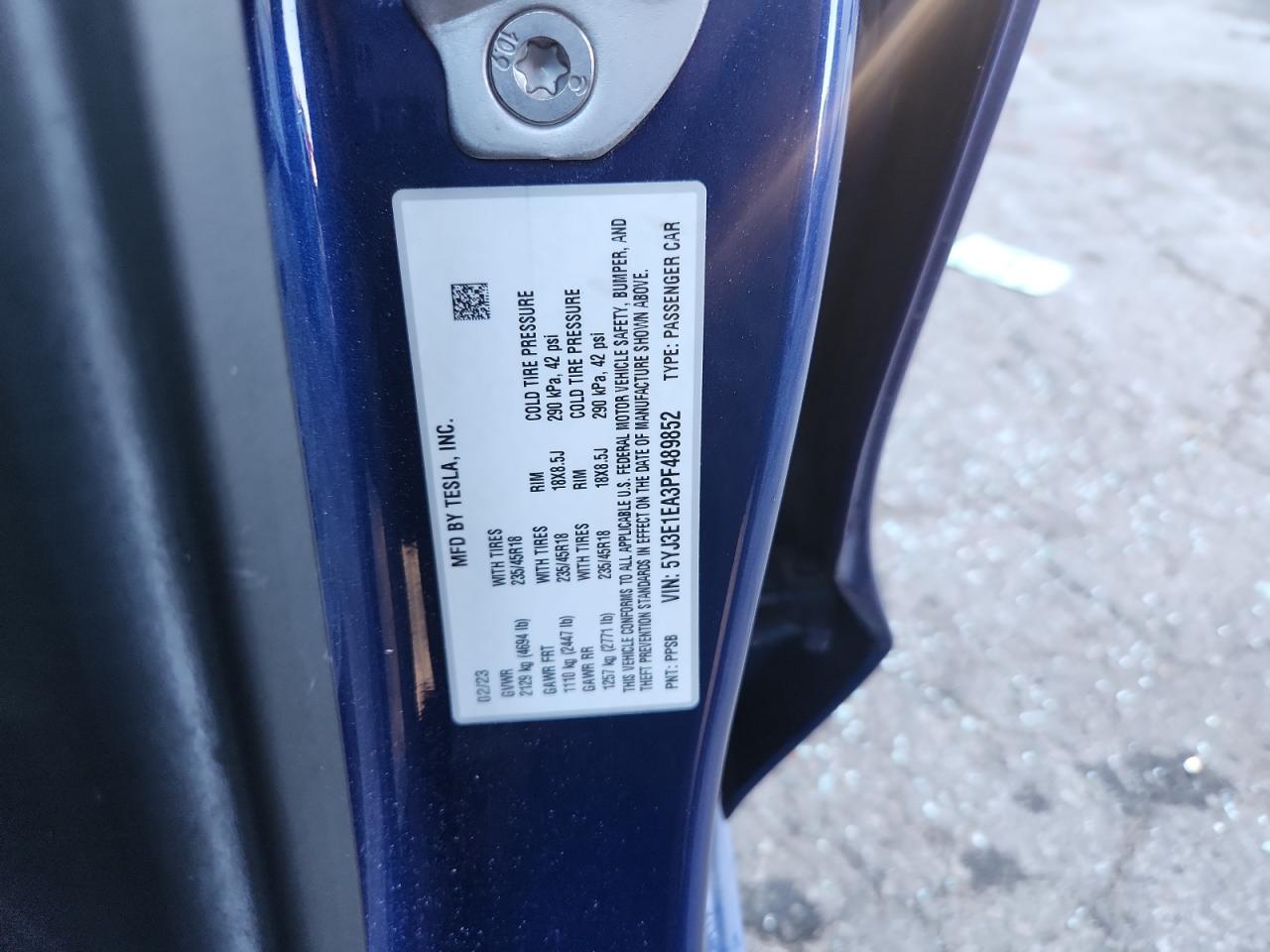 2023 Tesla Model 3 VIN: 5YJ3E1EA3PF489852 Lot: 82362725