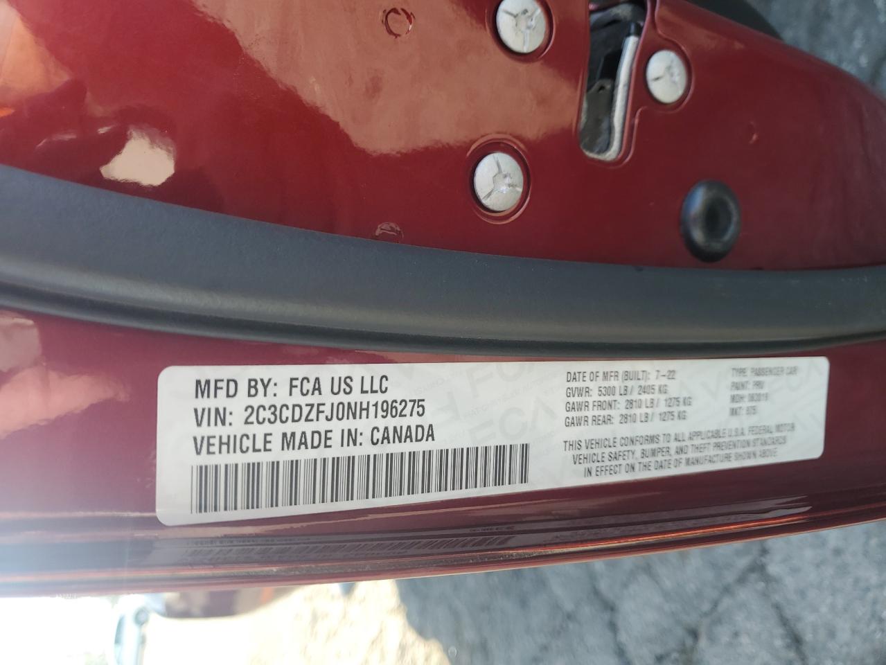 2022 Dodge Challenger R/T Scat Pack VIN: 2C3CDZFJ0NH196275 Lot: 85378585