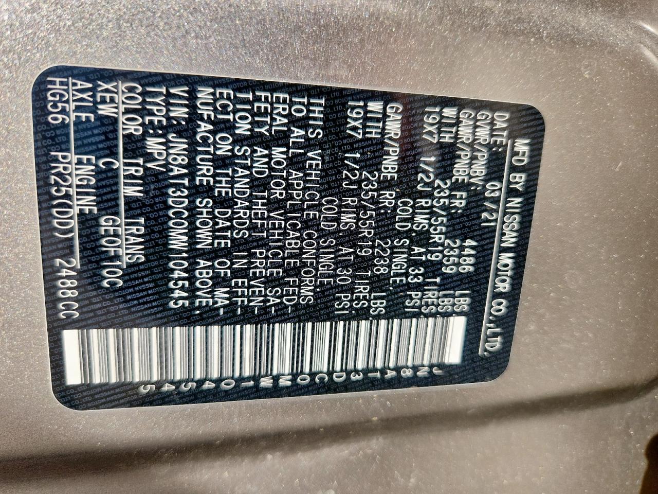 2021 Nissan Rogue Platinum VIN: JN8AT3DC0MW104545 Lot: 86160885