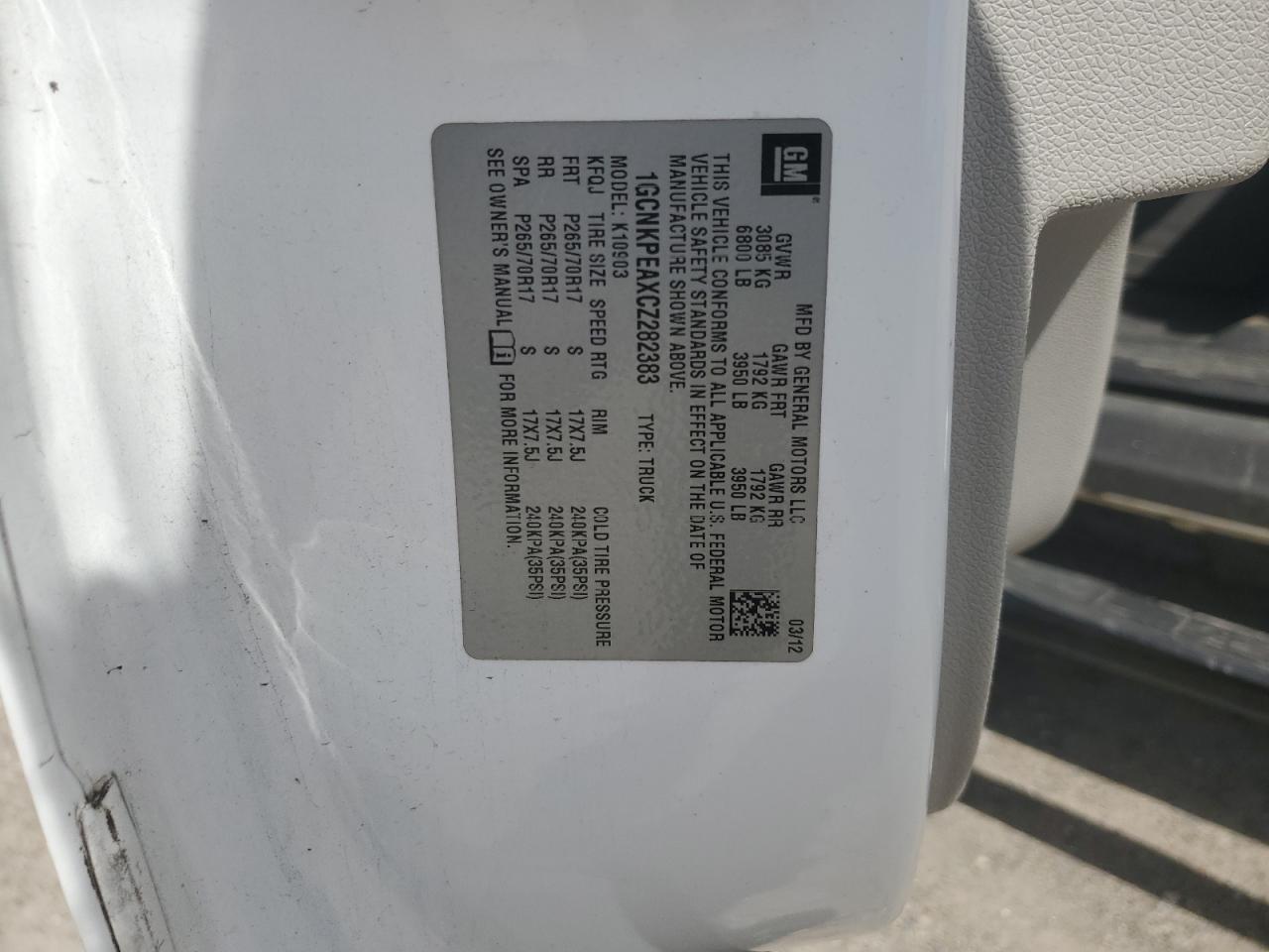 2012 Chevrolet Silverado K1500 VIN: 1GCNKPEAXCZ282383 Lot: 84776555