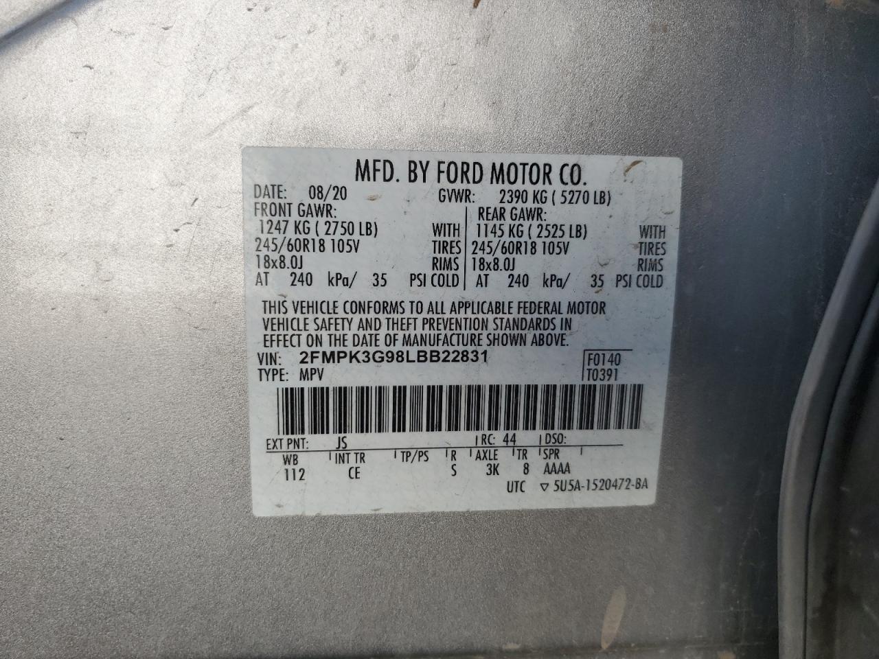 2020 Ford Edge Se VIN: 2FMPK3G98LBB22831 Lot: 90199715