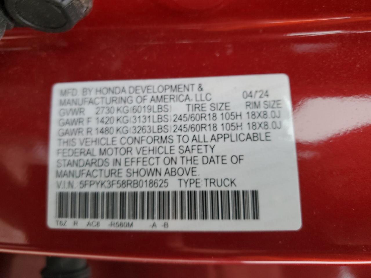 2024 Honda Ridgeline Rtl VIN: 5FPYK3F58RB018625 Lot: 86629555