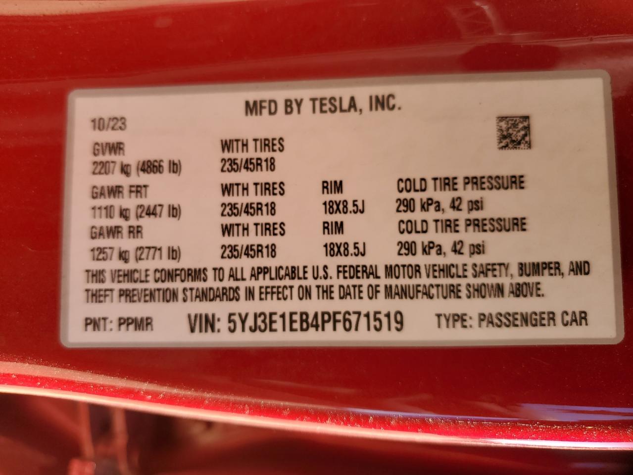 2023 Tesla Model 3 VIN: 5YJ3E1EB4PF671519 Lot: 87020915